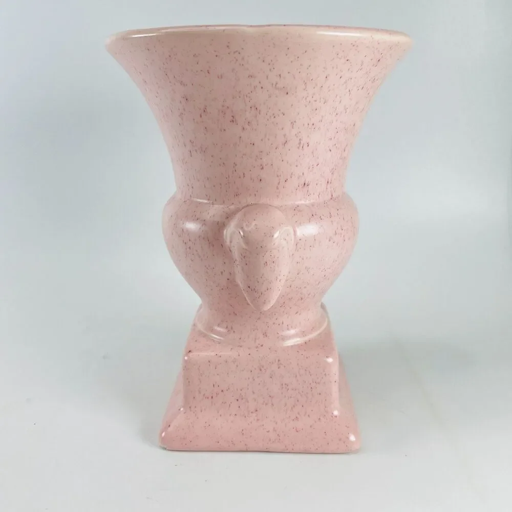 Vtg Art Deco Speckled Pink Pottery Urn Vase Planter Square Plinth 6.5